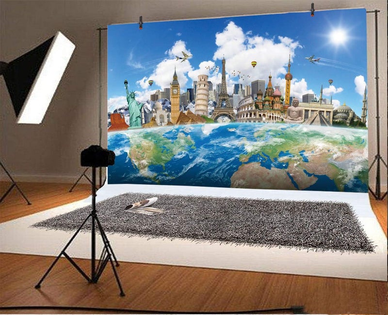 Yeele 10x8ft Around The World Background for Photography Globe Travel Famous Landmark Worldwide Vacation Photo Backdrop Wedding Newlywed Honeymoon Baby Portrait Shoot Studio Props Wallpaper - Image 2